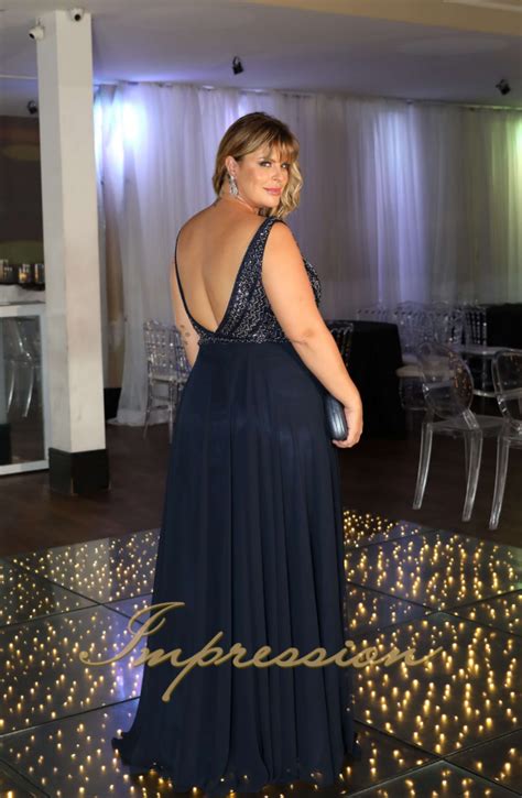 Vestido De Festa Longo Plus Size Azul Marinho Impression Modas