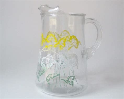 Vintage Clear Glass Pitcher With Yellow Green And White Floral Etsy Glass Pitchers Clear