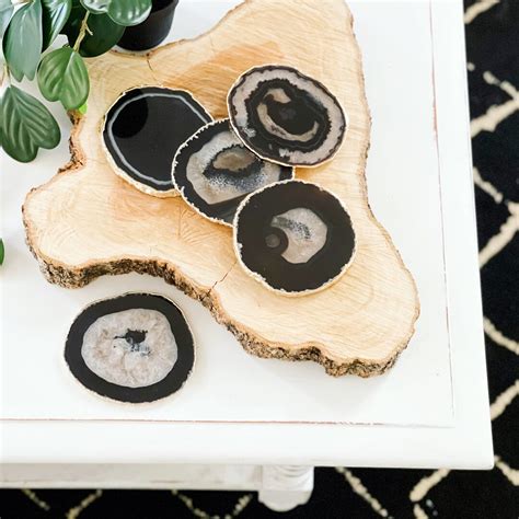 Agate Coasters With Gold Rim Black Gray White Colors Agate - Etsy