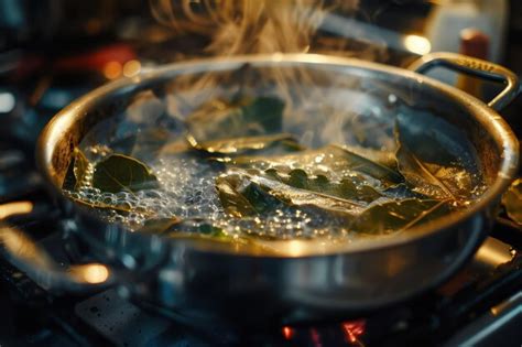 Premium Photo A Frying Pan Filled With Boiling Leaves On Top Of A Stove