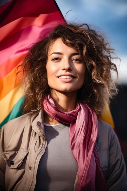 Premium Photo Woman With Pink Scarf Around Her Neck And Rainbow Flag