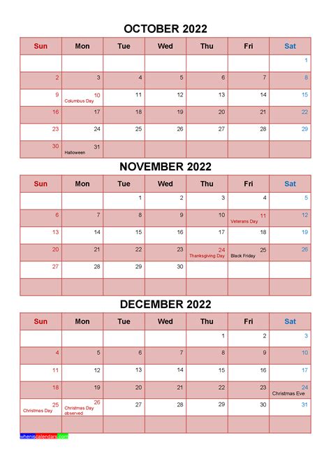 Printable October November December 2022 Calendar With Holidays Four