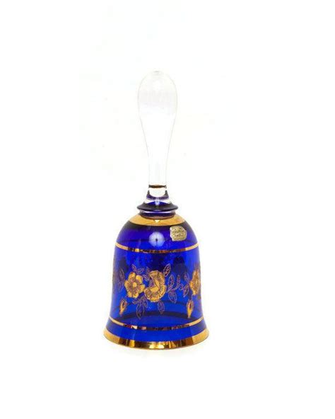 Vintage Bohemian Crystal Bell Gold Leaf Floral Design Cobalt Blue