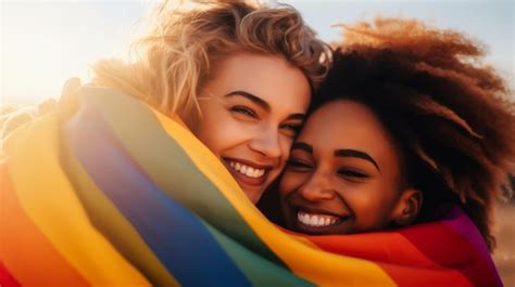 Premium Ai Image Happy Multiethnic Lesbian Couple Hugging With