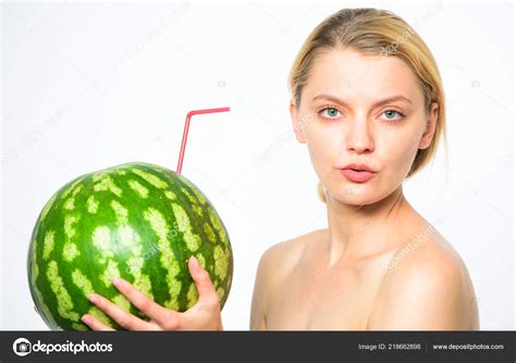 Girl Thirsty Attractive Nude Drink Fresh Juice Whole Watermelon