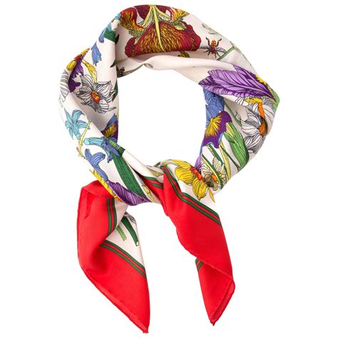 Gucci Red Silk Scarf Floral Flower Motif Never Worn 1990s For Sale At