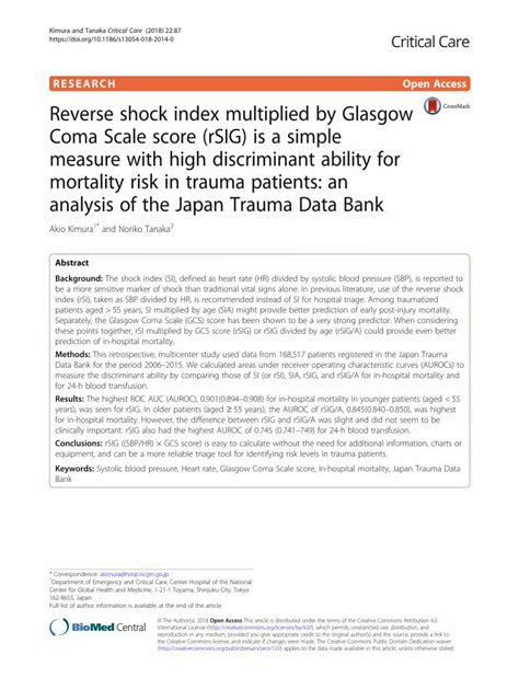 Pdf Reverse Shock Index Multiplied By Glasgow Coma Scale Score