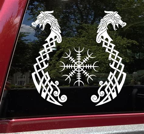 Viking Dragons With Helm Of Awe Vinyl Decal V2 Fafnir Aegishjalmur