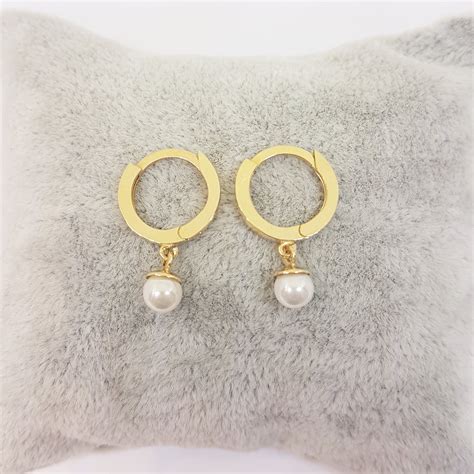 K Real Solid Gold Freshwater Cultured Pearl Dangle Drop Hoop Earrings