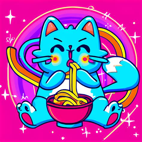 Cute Kawaii Cat Eating Ramen Neon Colors · Creative Fabrica