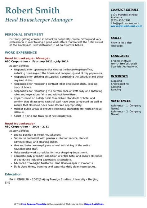 Head Housekeeper Resume Samples Qwikresume