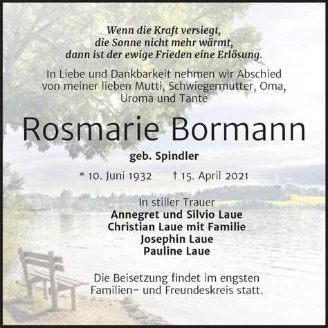 Traueranzeigen Von Rosmarie Bormann Abschied Nehmen De