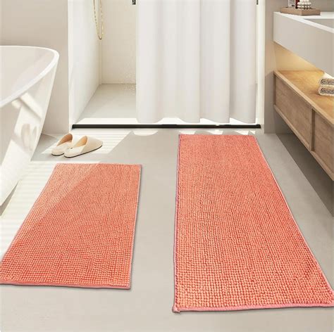 Civkor Long Bathroom Rugs Runner Bath Mat Set 2 Pieces Corallight Orange Chenille