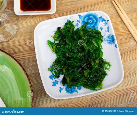 Goma Wakame Salad Served In A Plate With Soy Sauce Stock Photo Image