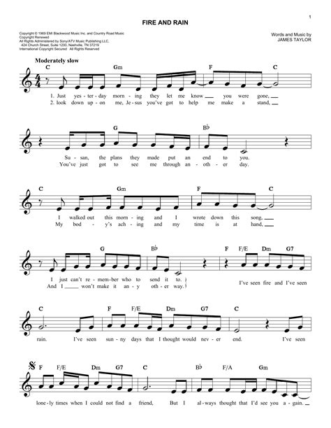 Fire And Rain By James Taylor Sheet Music For Easy Lead Sheet Fake