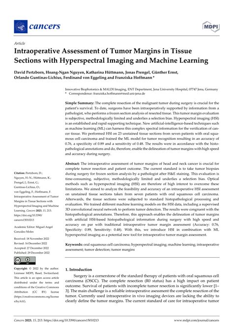 Pdf Intraoperative Assessment Of Tumor Margins In Tissue Sections With Hyperspectral Imaging