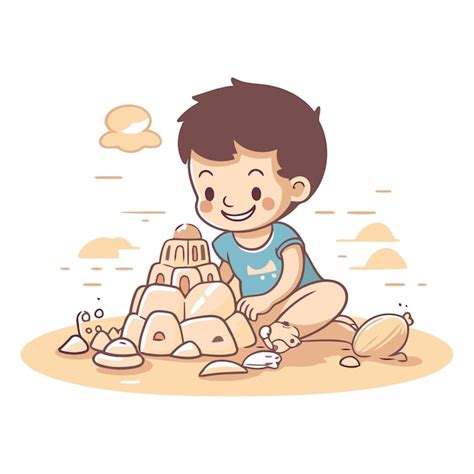 Premium Vector Cute Little Boy Building Sand Castle In Cartoon Style