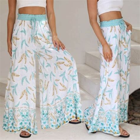 Summer Womens Drawstring Waist Wide Leg Printed Palazzo Pants Casual