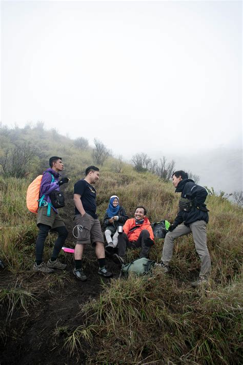 Multiethnic hikers resting on slope of mountainFree Stock Photo