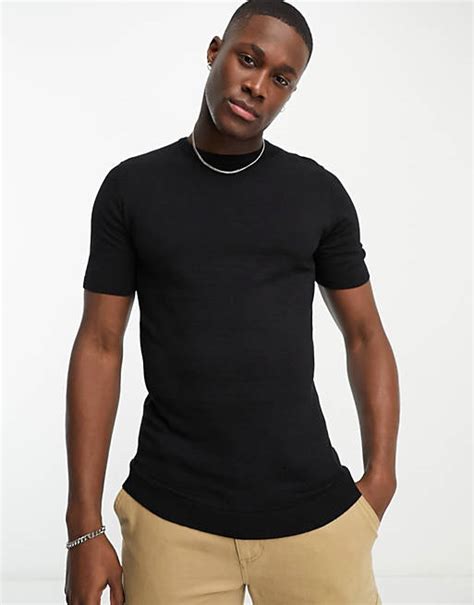 Asos Design Muscle Lightweight Knitted Cotton T Shirt In Black Asos