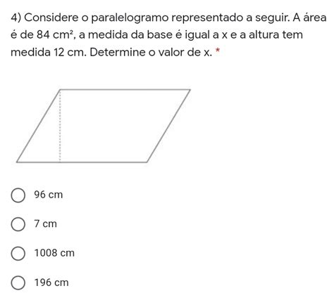 Solved 4 Considere O Paralelogramo Representado A Seguir A área é De