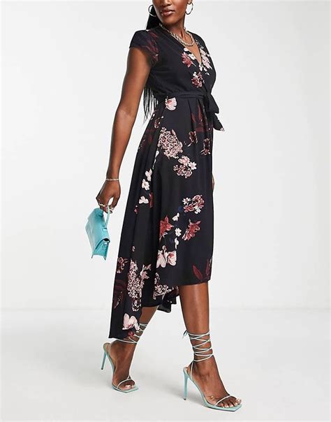 Ax Paris Wrap Midi Dress In Navy Floral Asos Robe Robes Midi Bleu