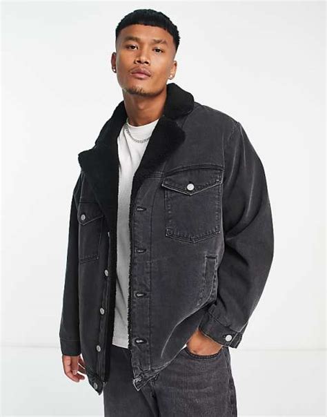 Asos Design Oversized 70s Denim Jacket With Borg Lining In Washed Black Asos