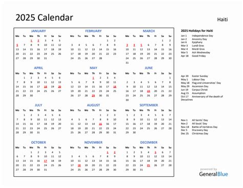 Annual Calendar 2025 with Haiti Holidays