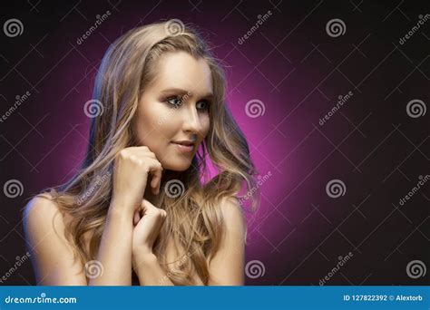 Beautiful Blonde Smiling Model Girl With Naked Shoulders Touches Stock Photo Image Of Closed