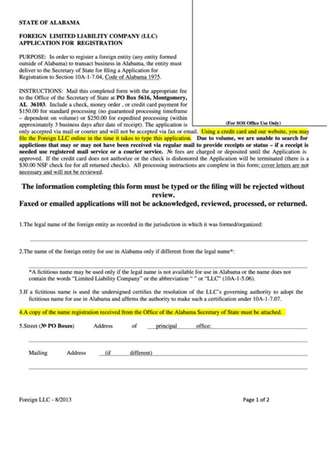 Fillable Alabama Secretary Of State Foreign Limited Liability Company Application For