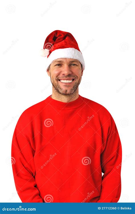 Smiling Christmas Man Wearing A Santa Hat Stock Photo Image