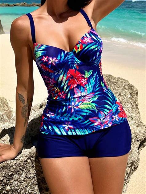 Shein Swim Classy Tropical Print Push Up Shorts Bikini Swimsuit Shein Usa