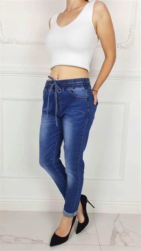 Damskie Spodnie Jeans W Gumk Wi Zane Plus Size