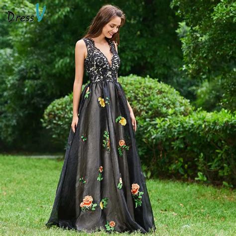 Dressv Elegant Prom Dress V Neck A Line Sleeveless Embroidery Backless Floor Length Evening