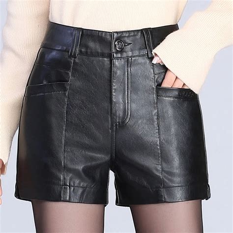 2018 New Womens Autumn Pu Leather Shorts Slim High Waist Ladies Plus