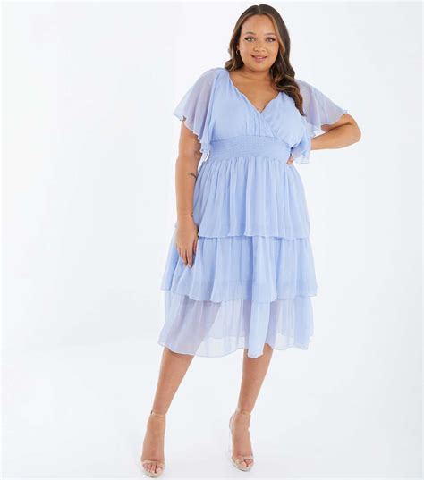 Quiz Curves Pale Blue Glitter Chiffon Tiered Midi Dress New Look