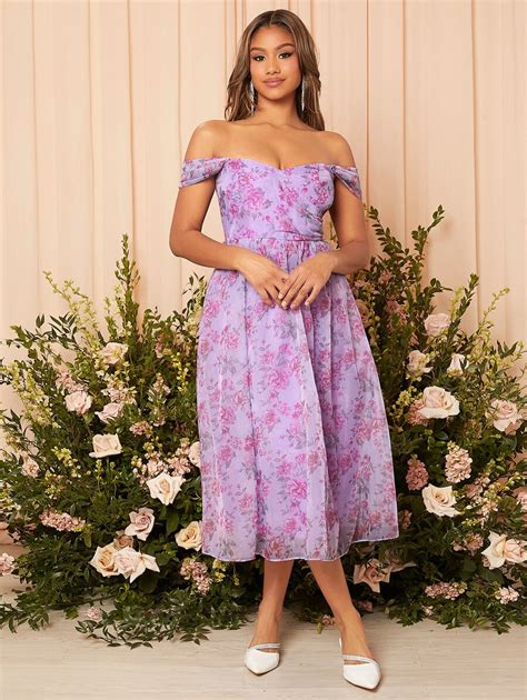 Shein Belle Floral Print Off Shoulder Bridesmaid Dress Shein Usa