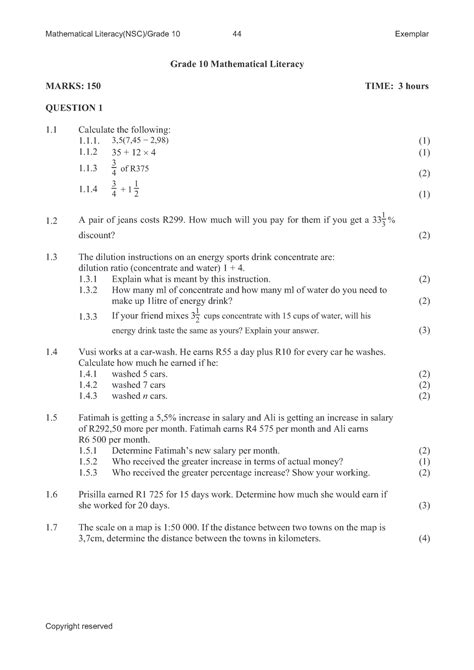 Maths Lit Grade Mathematical Literacy Marks Time Hours