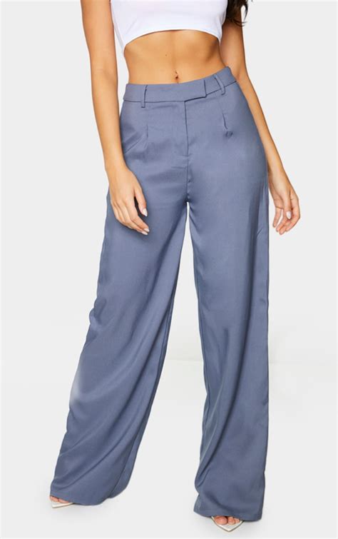 Steel Blue Woven Tailored Wide Leg Trousers Prettylittlething