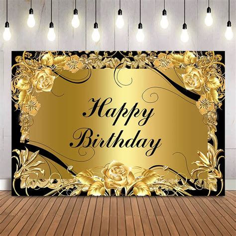 Black And Golden Birthday Backdrop Gold Flower Adult Theme Happy Birthday Party Decoration