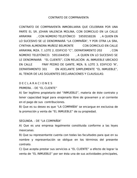 Contrato De Compraventa Ejercicios De Contratos Civiles Y Mercantiles