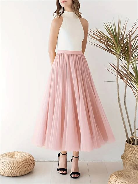 Solid Mesh Ruffle Hem Skirt Elegant Swing High Waist Skirt Temu Ireland