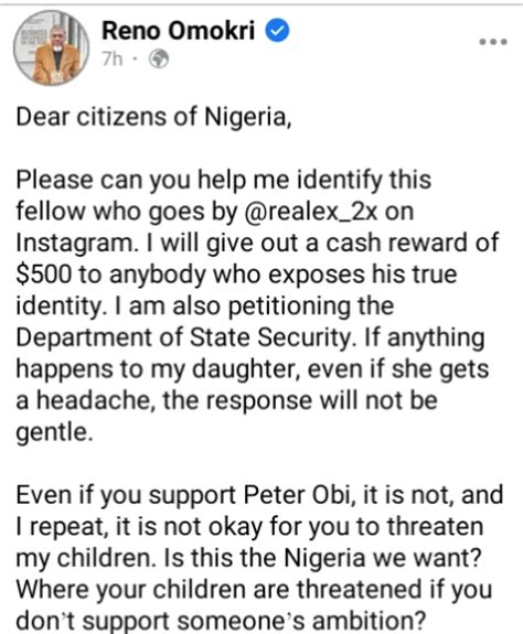 Reno Omokri Chases Ig User Who Threatened His Daughter Abtc