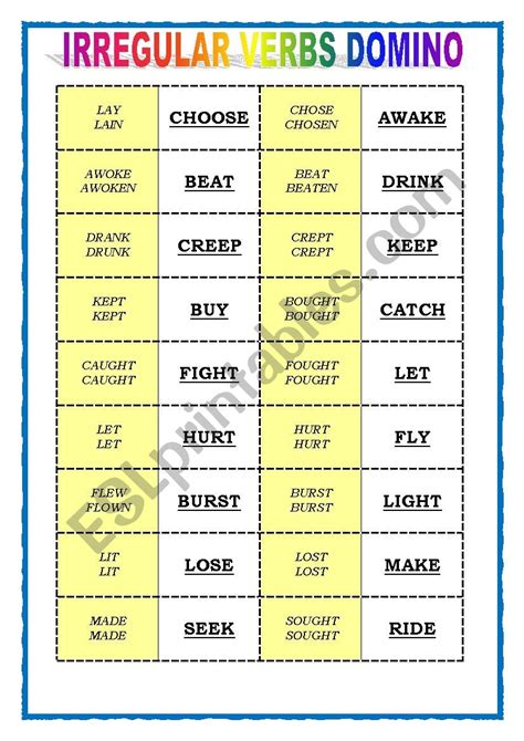 IRREGULAR VERBS DOMINO ESL Worksheet By Keyeyti