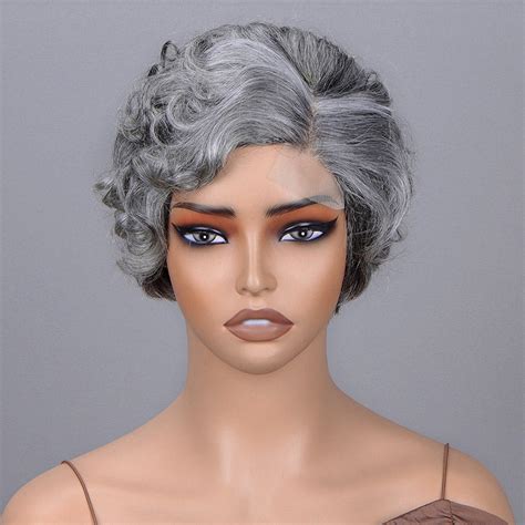 Seniors Short Salt And Pepper Wig Natural Wave Human Hair Gray Wigs