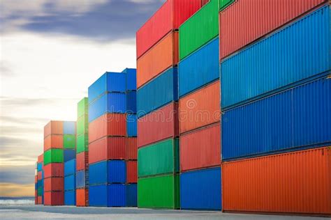 Row Of Stacked Containers Cargo Shipping Handling Of Logistics