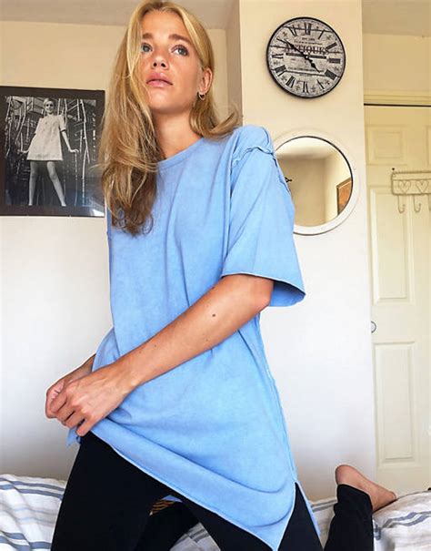 Asos Design Super Oversized T Shirt With Exposed Seams In Washed Blue