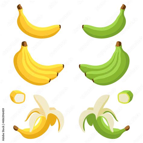 Set Of Yellow And Green Bananas Whole Peeled And Sliced Bananas