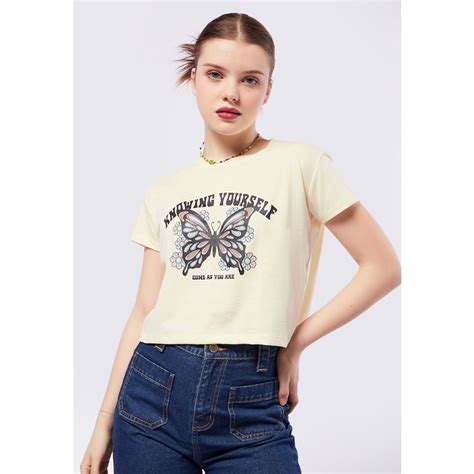 Jual COLORBOX Short Sleeves Graphic Crop T Shirt Ecru Shopee Indonesia