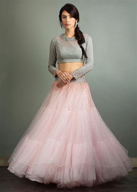 Powder Pink Sequins Embroidered Net Lehenga With Grey Georgette Blouse